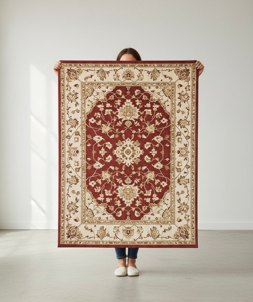 Vintage-Inspired Red and Beige Handtufted Rugs