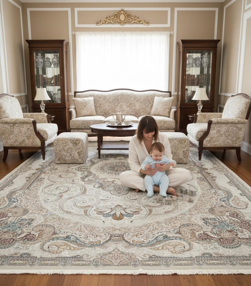 Cream and Pastel Blue Irani Rugs