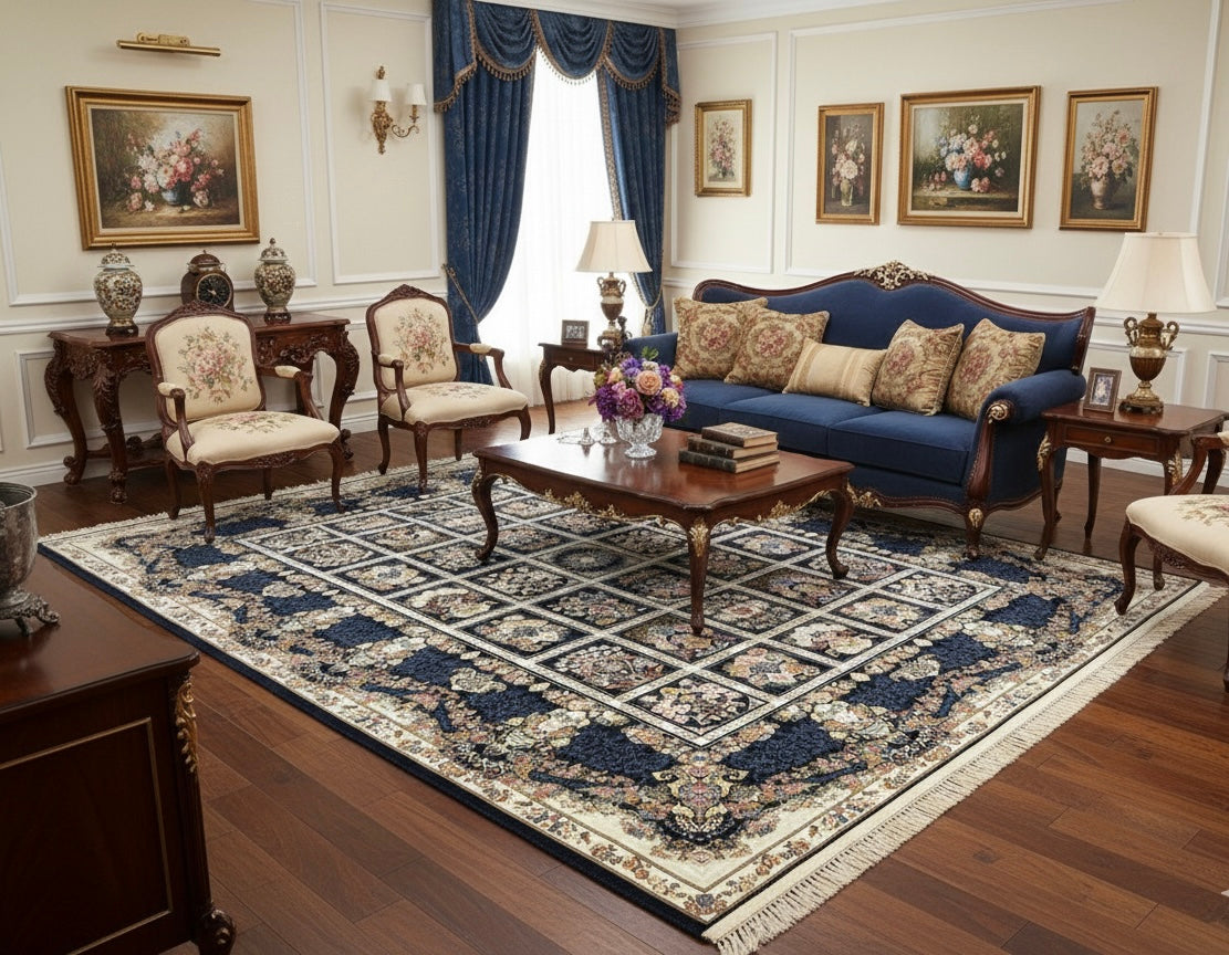 Navy and Cream Intricate Irani Rugs