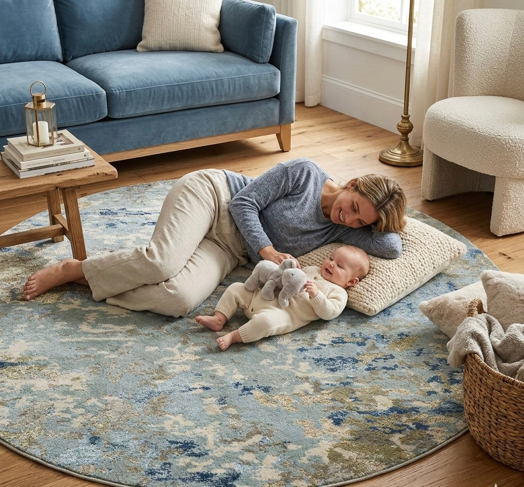 Distressed Blue and Sand Circular Area Rug