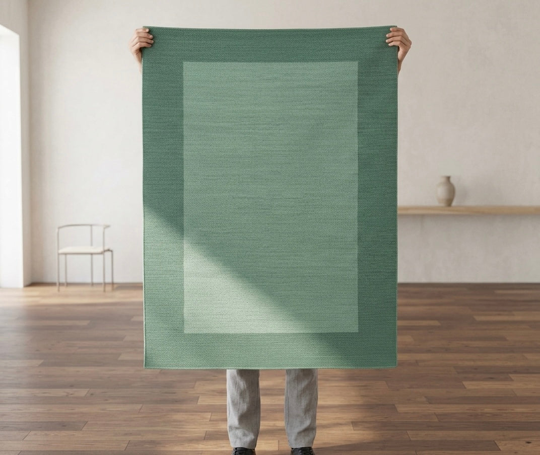 Modern Sage Green Bordered Rug.