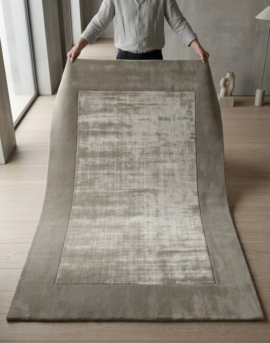 Modern Taupe Bordered Viscose Handtufted Rugs