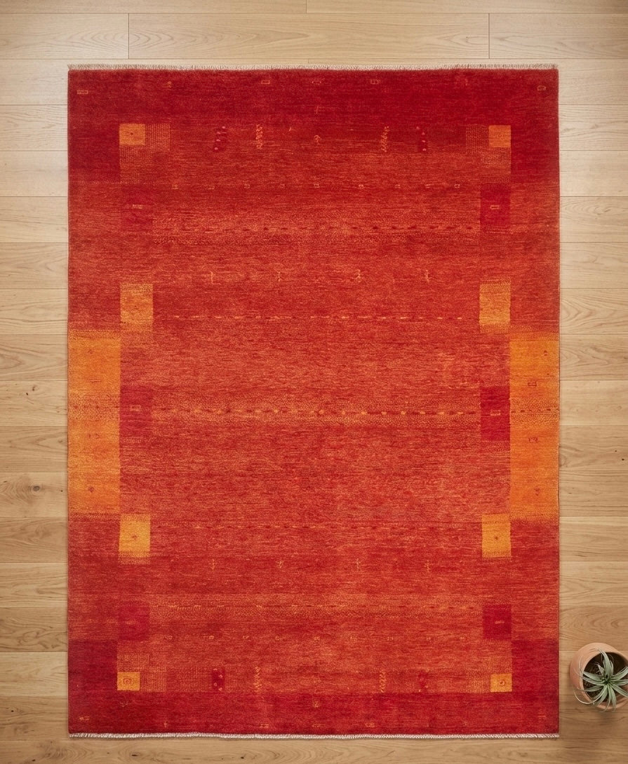 Rust Red Hand-Knotted Gabbeh Rug - Geometric Border Series