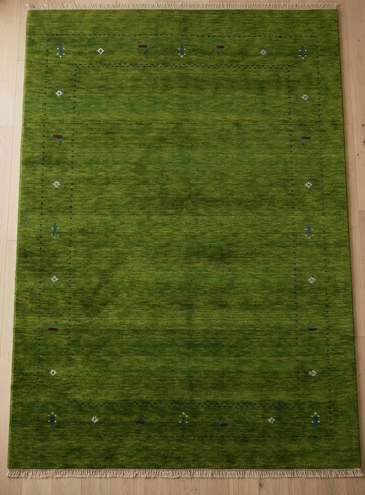 Olive Green Hand-Knotted Gabbeh Rug with Minimalist Tribal Border