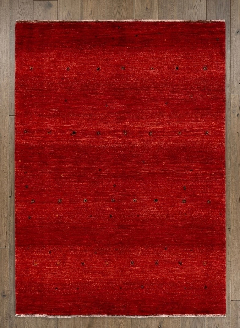Hand-Knotted Crimson Red Gabbeh Rug with Minimalist Geometric Accents
