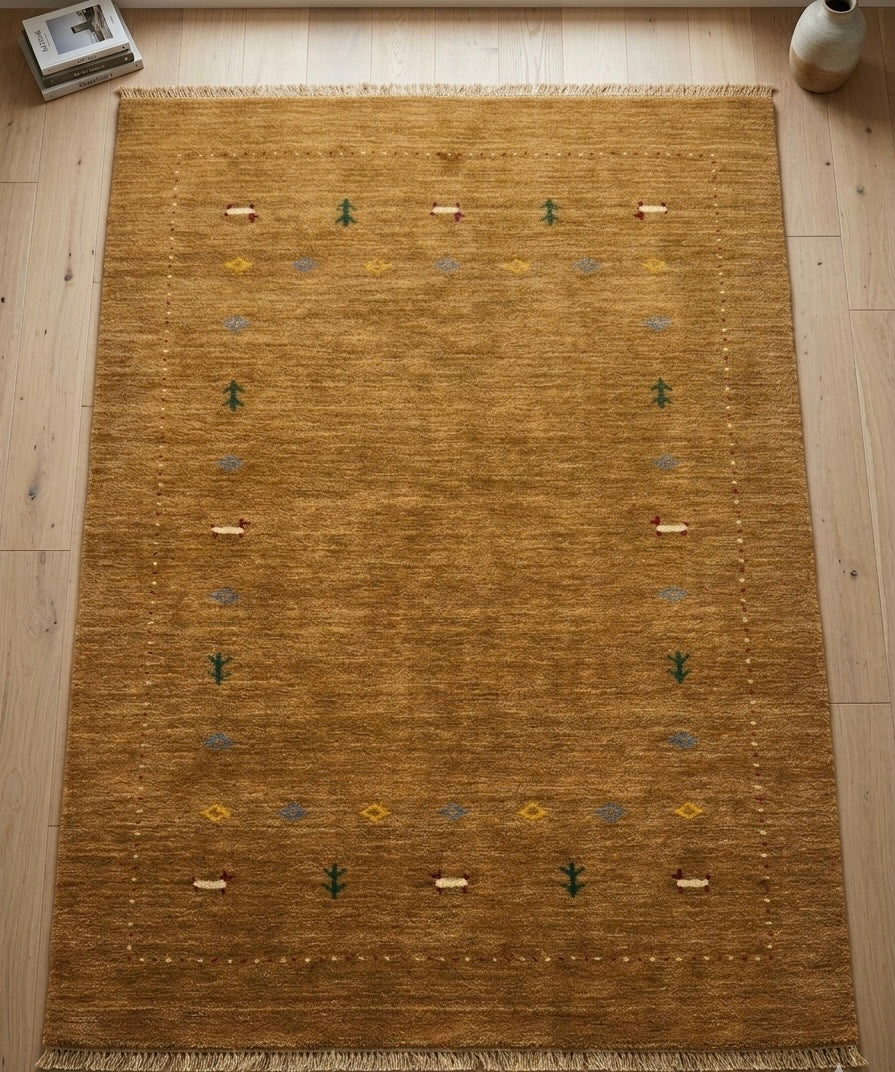 Hand-Knotted Mustard Gabbeh Rug with Tribal Motifs