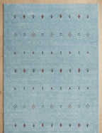 Artisanal Hand-Knotted Pale Azure Rug with Folk Symbols