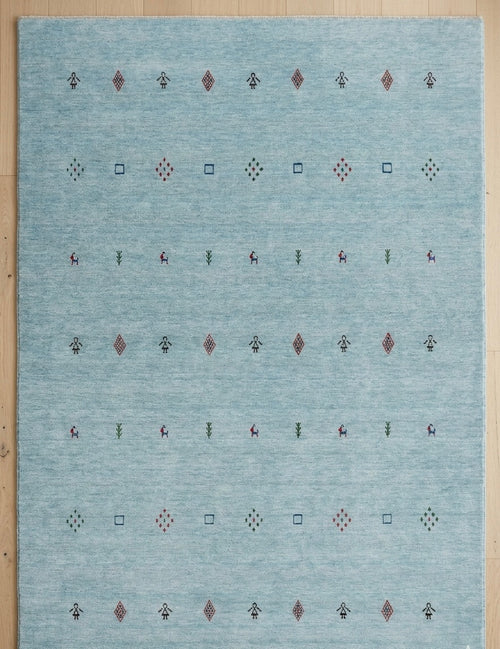 Artisanal Hand-Knotted Pale Azure Rug with Folk Symbols