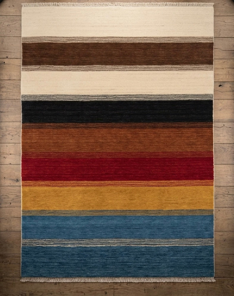 Earth-Tone Multi-Stripe Hand-Knotted Rug
