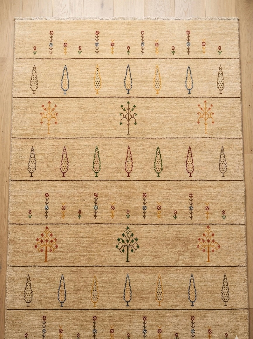 Hand-Knotted Gabbeh Style Beige Rug with Multicolored Tree and Floral Motifs