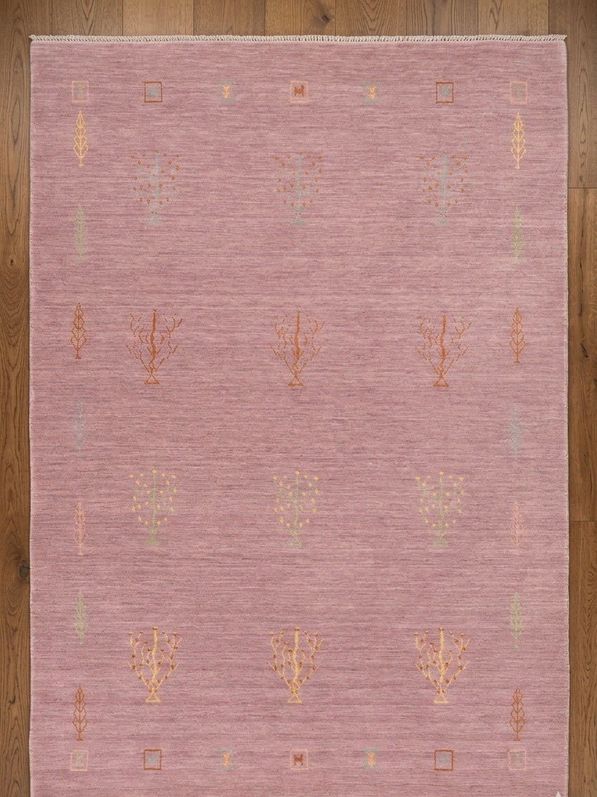 Soft Pink & Mauve Geometric Tree Pattern Rug - Hand-Knotted
