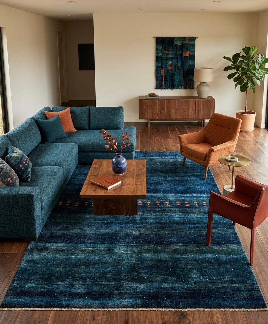 Hand-Knotted Indigo Gabbeh Rug with Tribal Geometric Accents