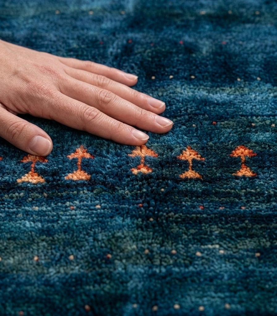 Hand-Knotted Indigo Gabbeh Rug with Tribal Geometric Accents