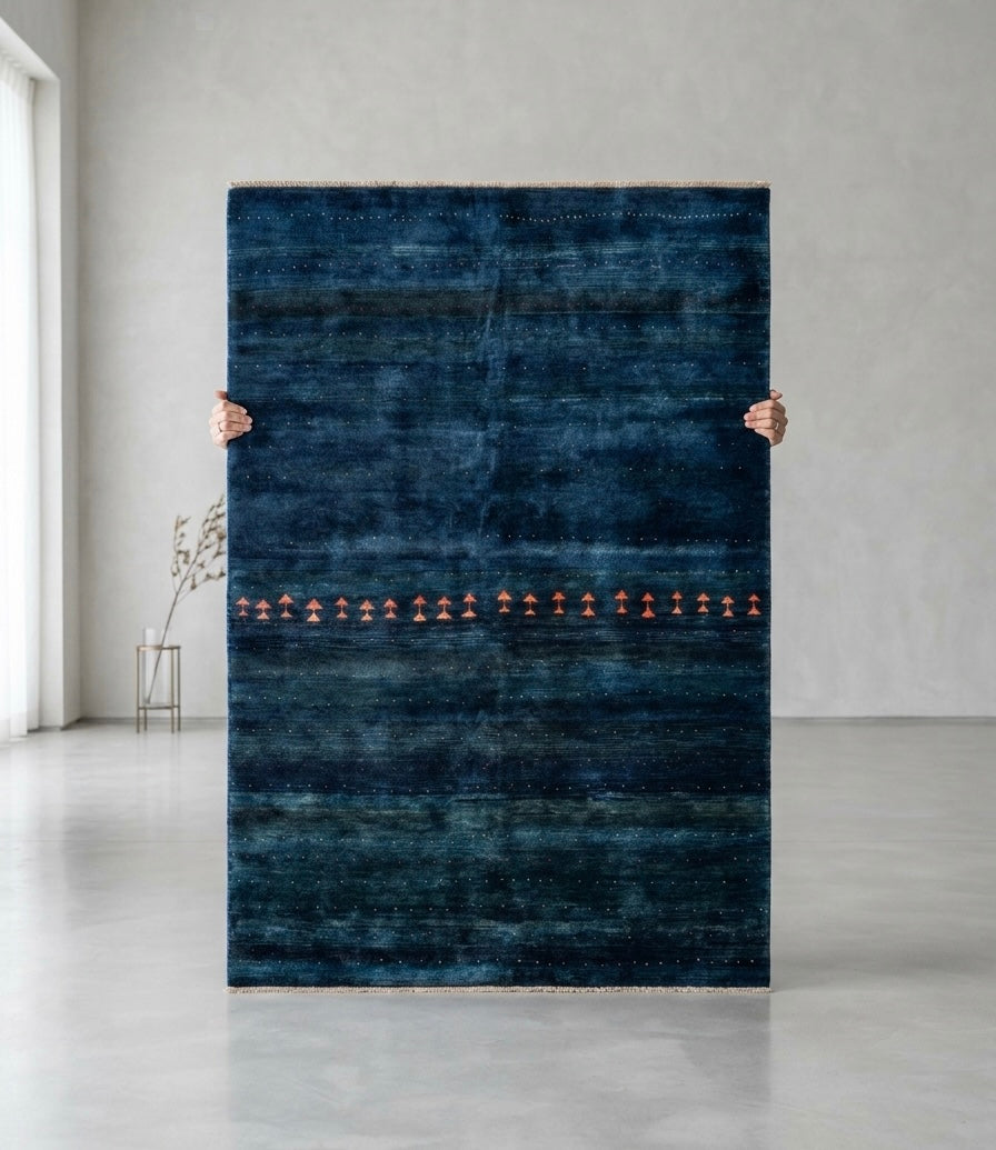 Hand-Knotted Indigo Gabbeh Rug with Tribal Geometric Accents