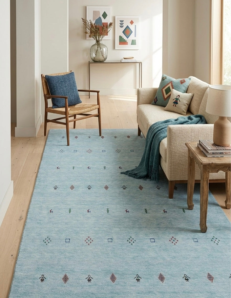 Artisanal Hand-Knotted Pale Azure Rug with Folk Symbols