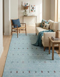 Artisanal Hand-Knotted Pale Azure Rug with Folk Symbols