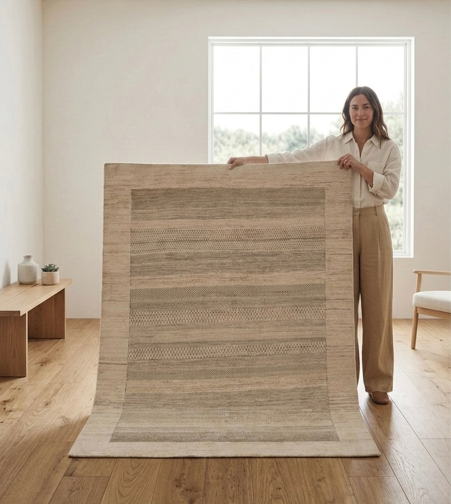 Hand-Knotted Earth-Tone Striped Textured Area Rug