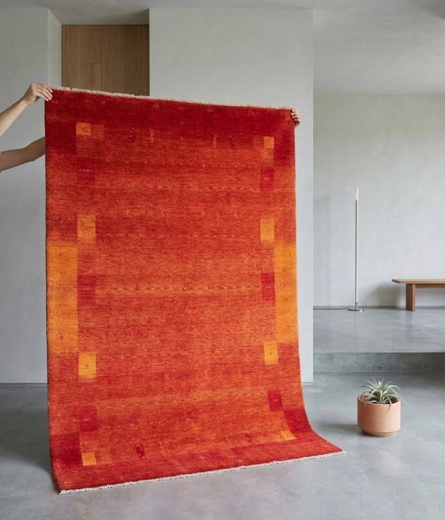 Rust Red Hand-Knotted Gabbeh Rug - Geometric Border Series