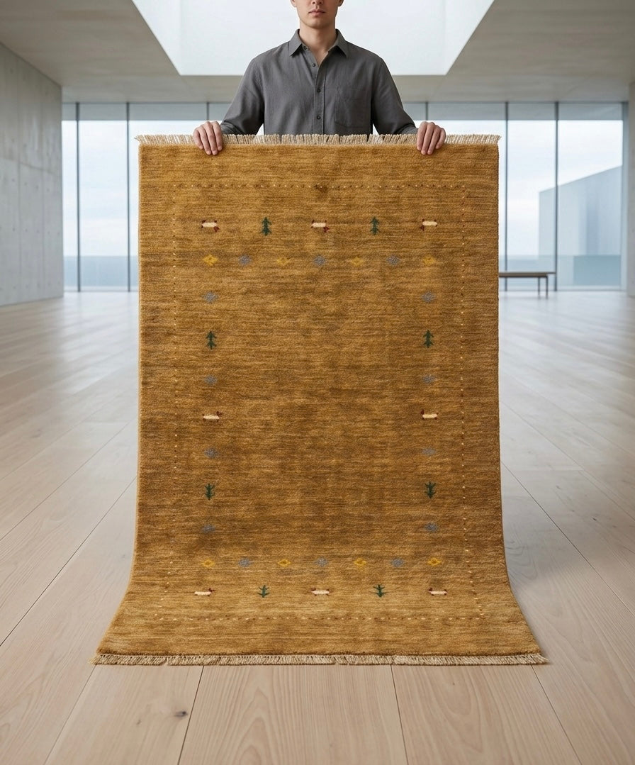 Hand-Knotted Mustard Gabbeh Rug with Tribal Motifs