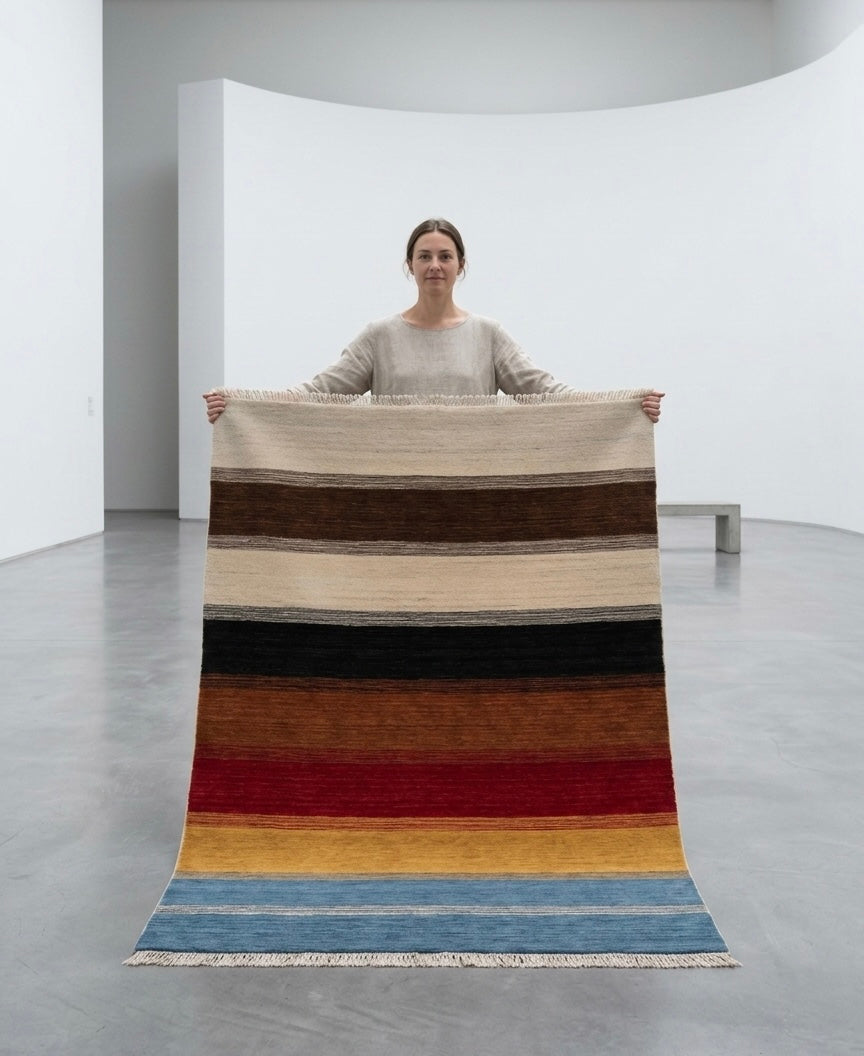 Earth-Tone Multi-Stripe Hand-Knotted Rug