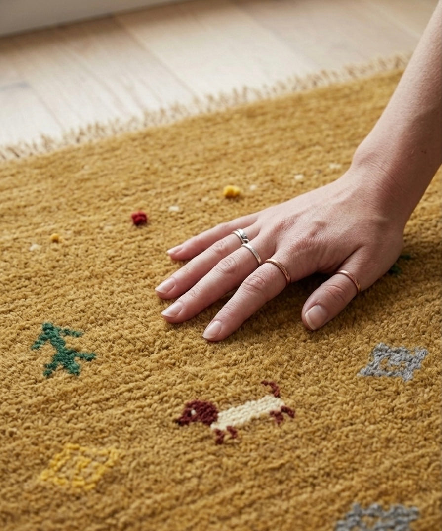 Hand-Knotted Mustard Gabbeh Rug with Tribal Motifs