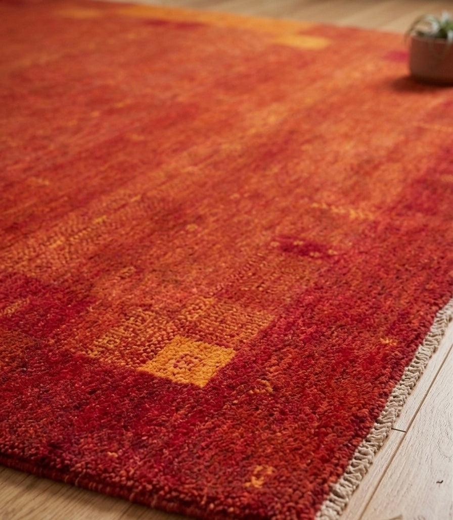 Rust Red Hand-Knotted Gabbeh Rug - Geometric Border Series