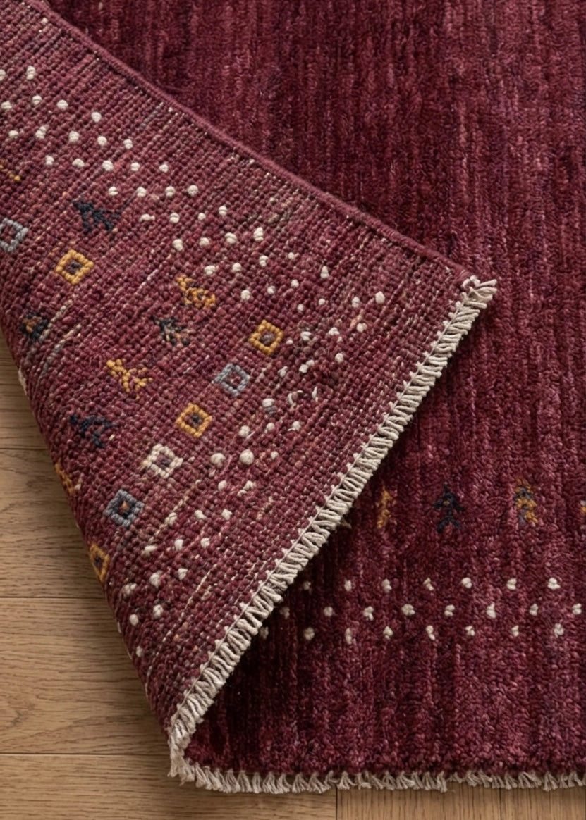 Hand-Knotted Burgundy Gabbeh Transitional Wool Rug