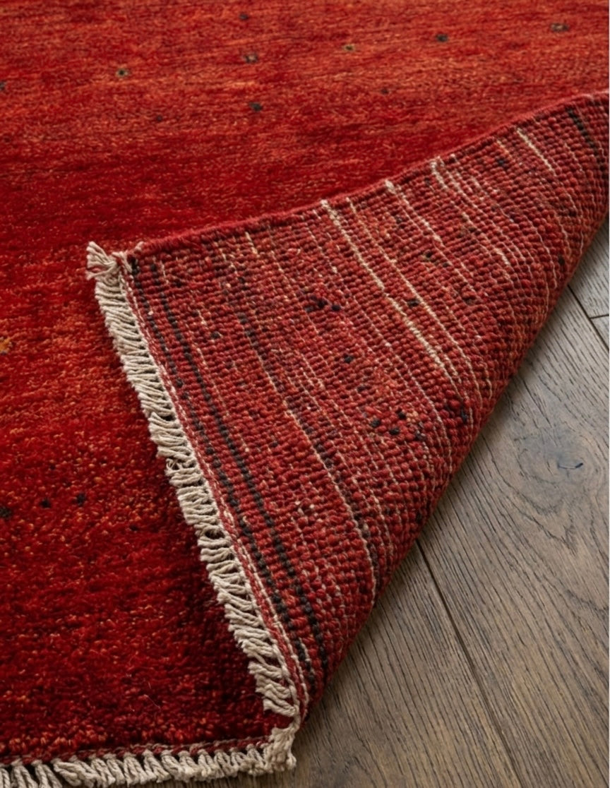 Hand-Knotted Crimson Red Gabbeh Rug with Minimalist Geometric Accents