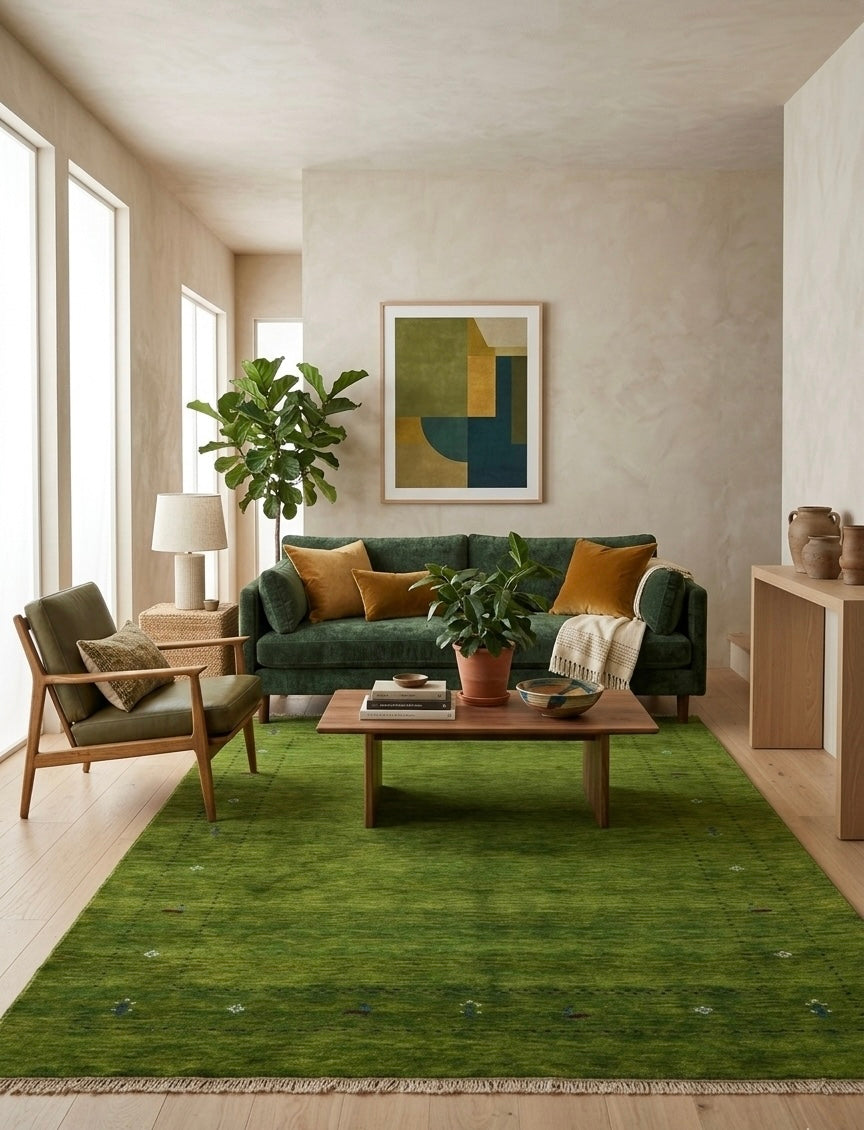 Olive Green Hand-Knotted Gabbeh Rug with Minimalist Tribal Border