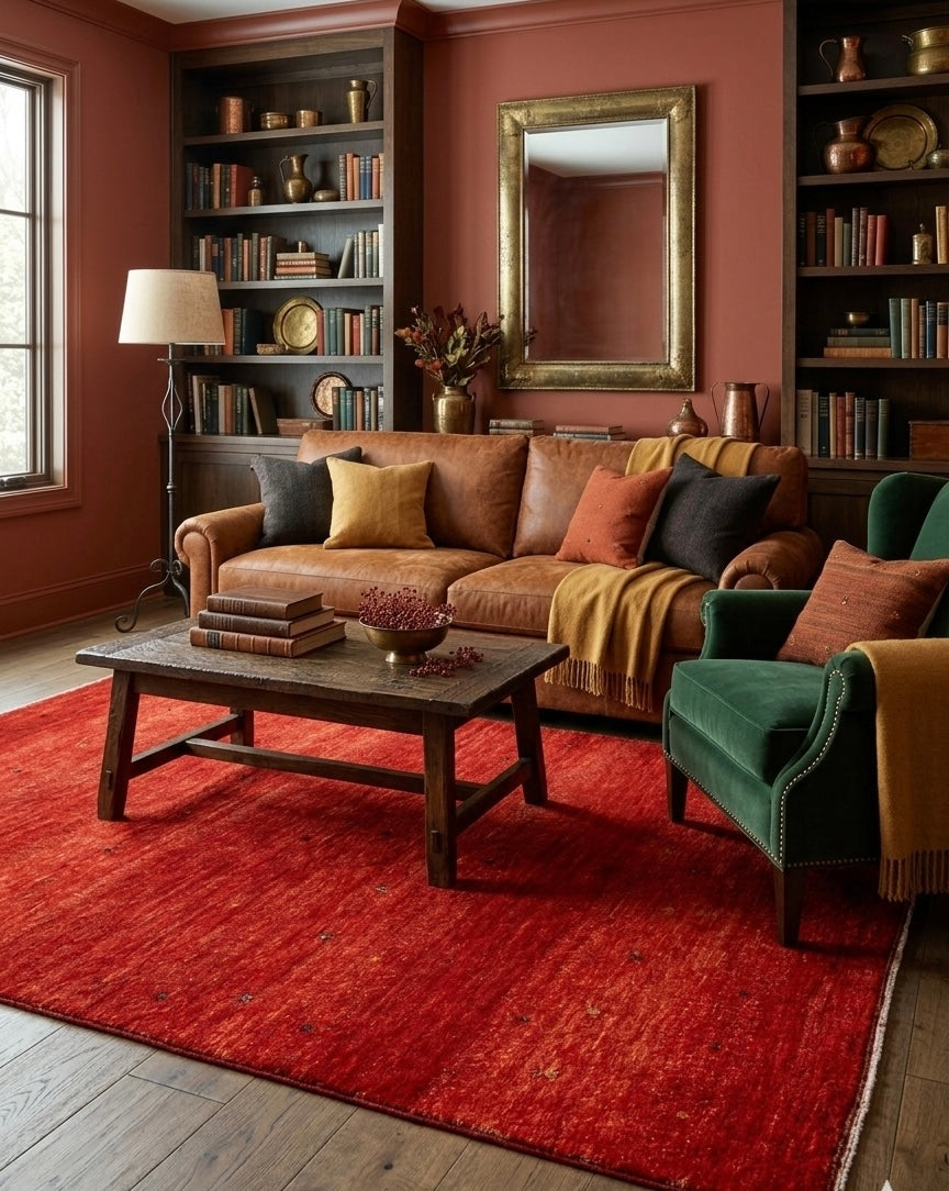 Hand-Knotted Crimson Red Gabbeh Rug with Minimalist Geometric Accents