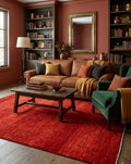 Hand-Knotted Crimson Red Gabbeh Rug with Minimalist Geometric Accents