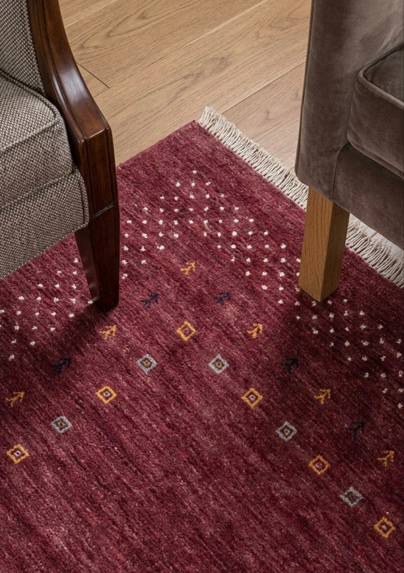 Hand-Knotted Burgundy Gabbeh Transitional Wool Rug