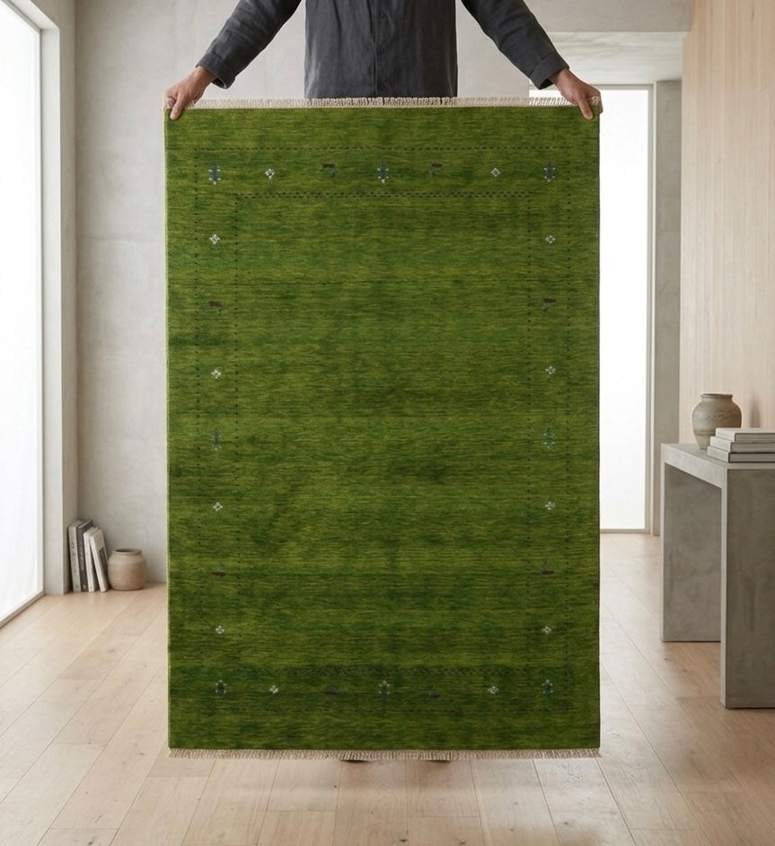 Olive Green Hand-Knotted Gabbeh Rug with Minimalist Tribal Border