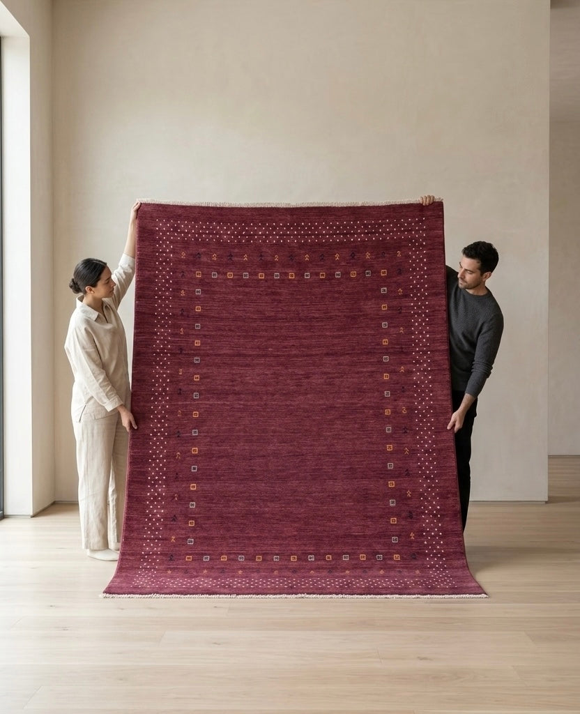 Hand-Knotted Burgundy Gabbeh Transitional Wool Rug