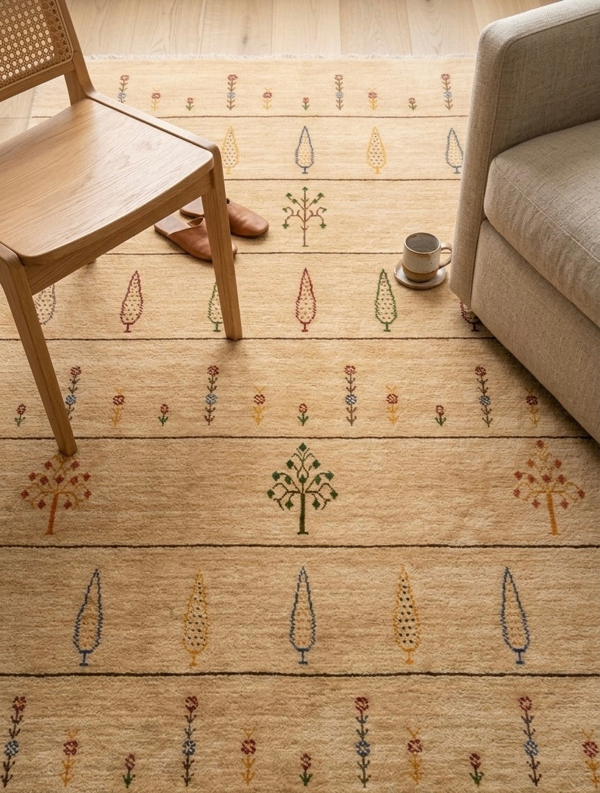 Hand-Knotted Gabbeh Style Beige Rug with Multicolored Tree and Floral Motifs