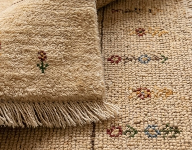 Hand-Knotted Gabbeh Style Beige Rug with Multicolored Tree and Floral Motifs