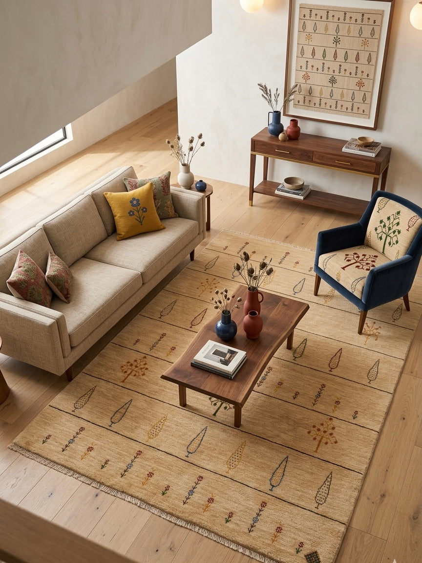 Hand-Knotted Gabbeh Style Beige Rug with Multicolored Tree and Floral Motifs