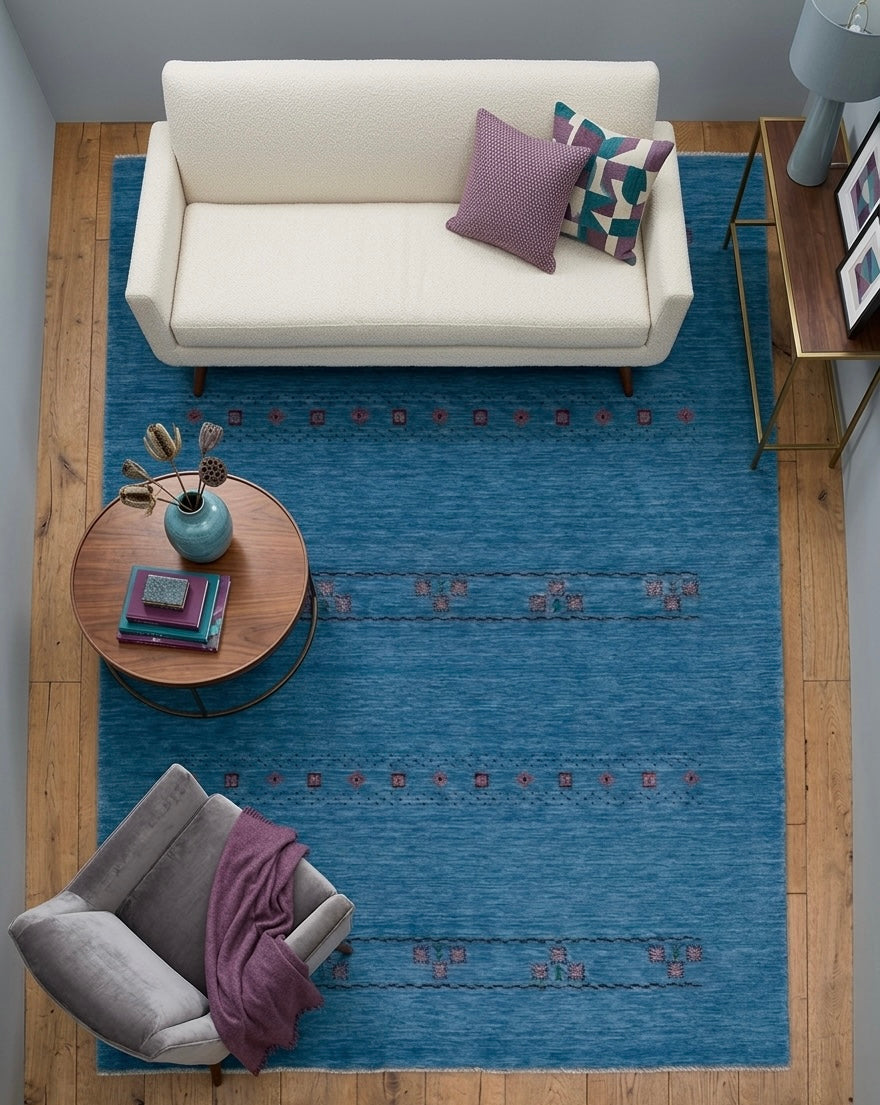 Hand-Knotted Sky Blue Gabbeh Rug with Tribal Floral Accents