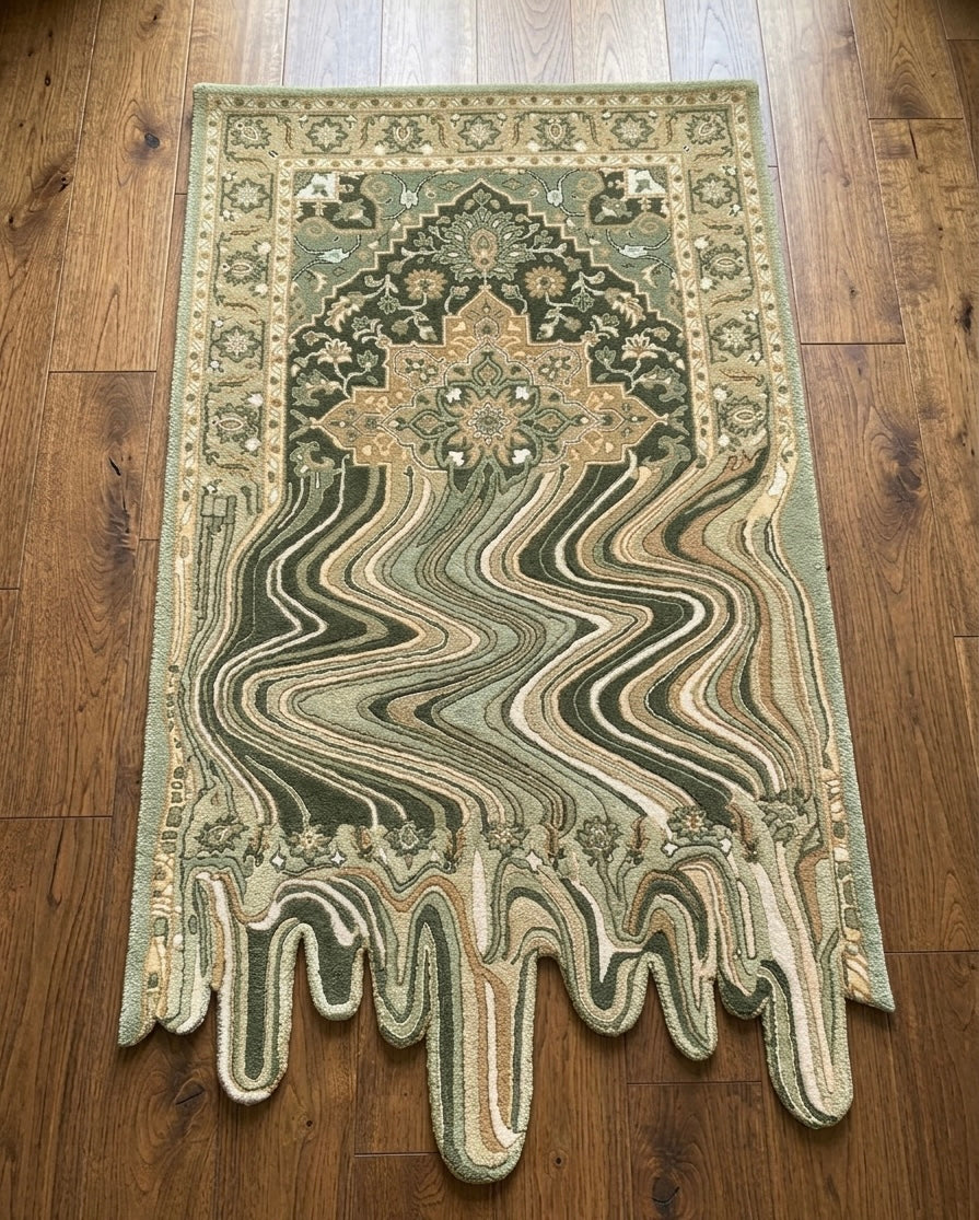 Artisanal Hand-Tufted Sage Green Rug with Melting Border Detail
