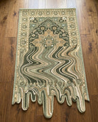 Artisanal Hand-Tufted Sage Green Rug with Melting Border Detail