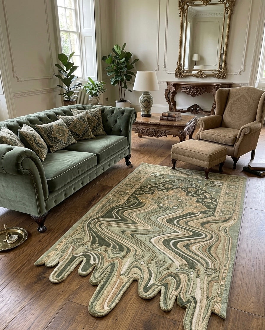 Artisanal Hand-Tufted Sage Green Rug with Melting Border Detail