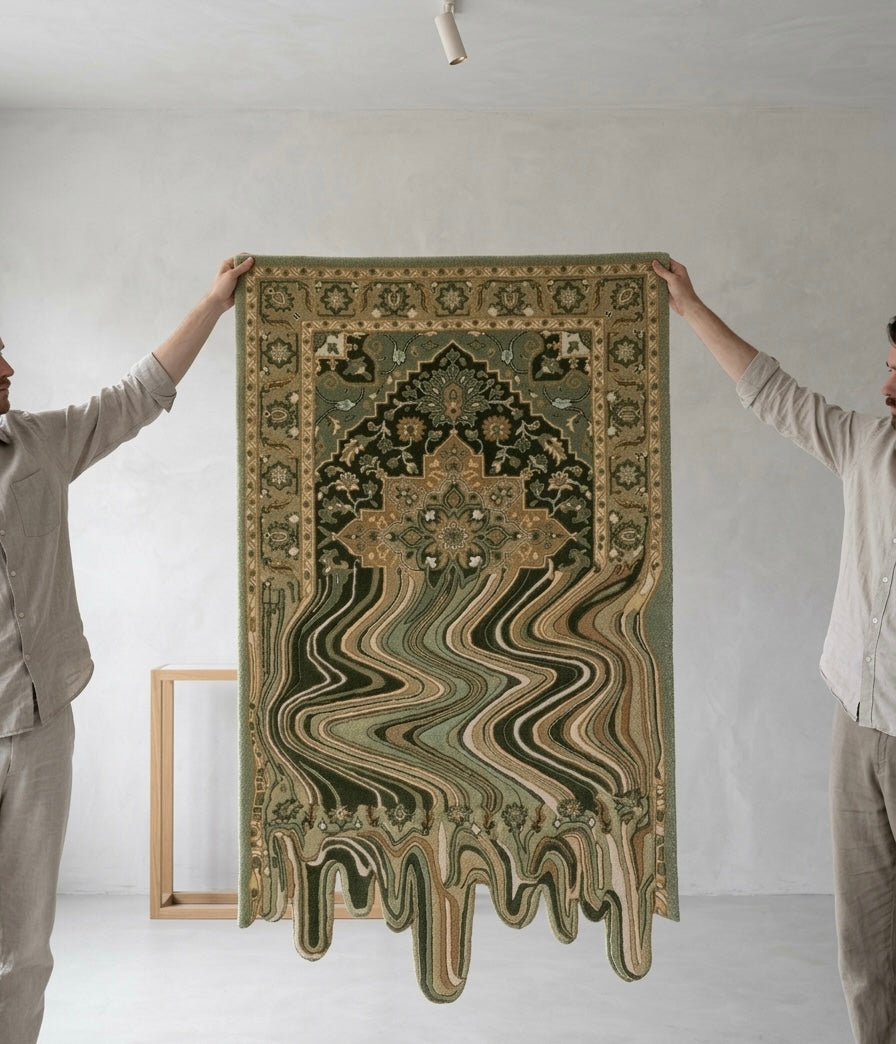 Artisanal Hand-Tufted Sage Green Rug with Melting Border Detail