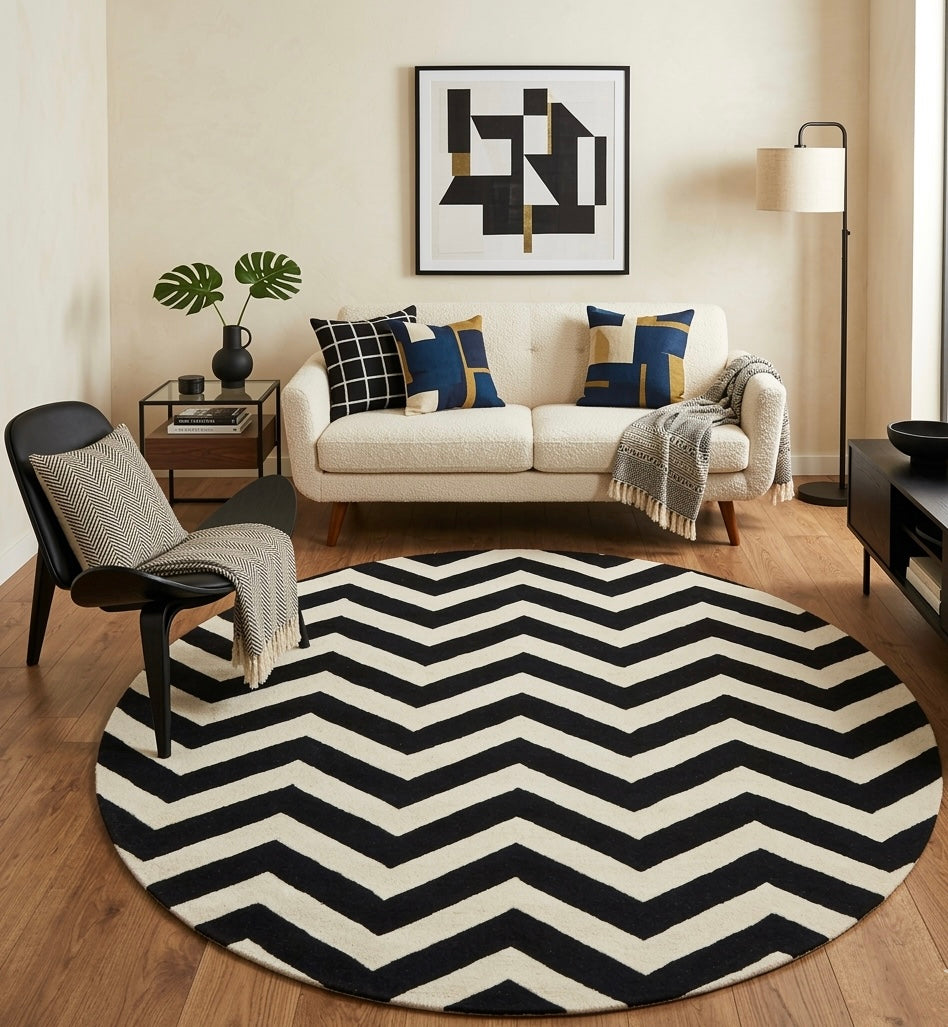 Black and White Chevron Round Rug