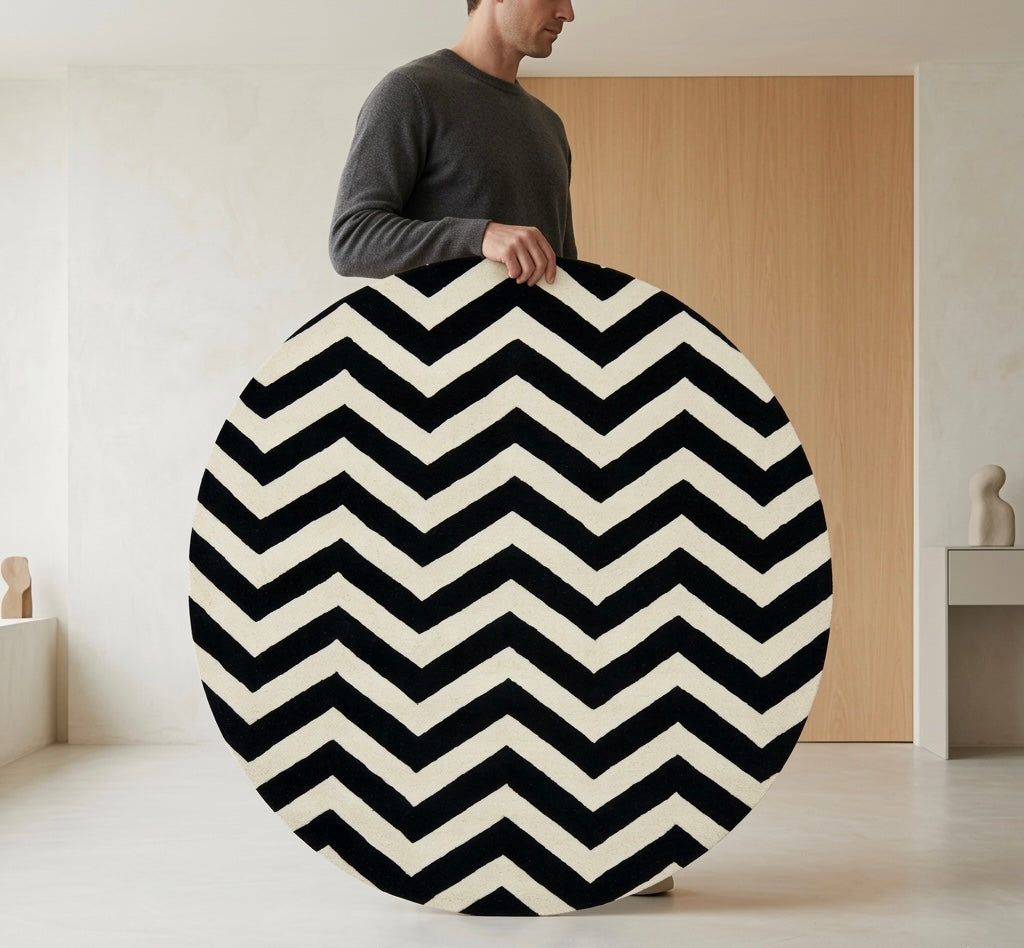 Black and White Chevron Round Rug