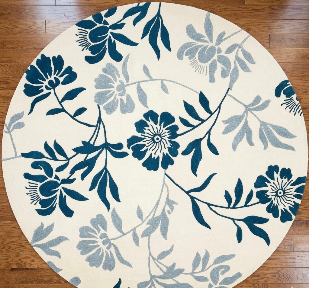 Ivory and Blue Floral Round Rug