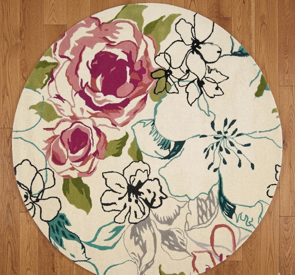 Pink and Ivory Floral Round Rug