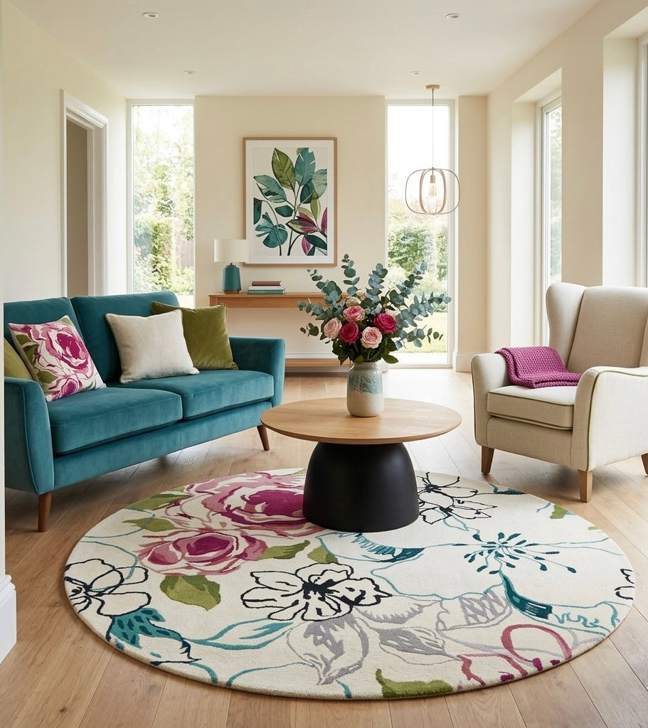 Pink and Ivory Floral Round Rug