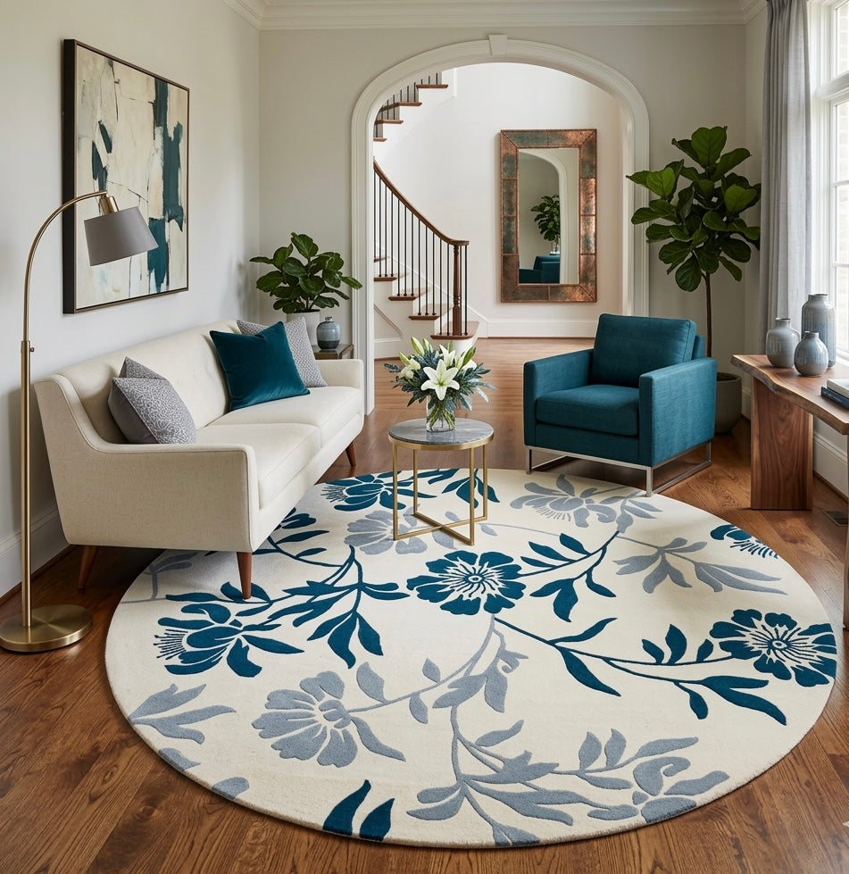 Ivory and Blue Floral Round Rug