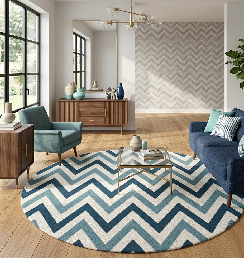 Blue Chevron Round Rug