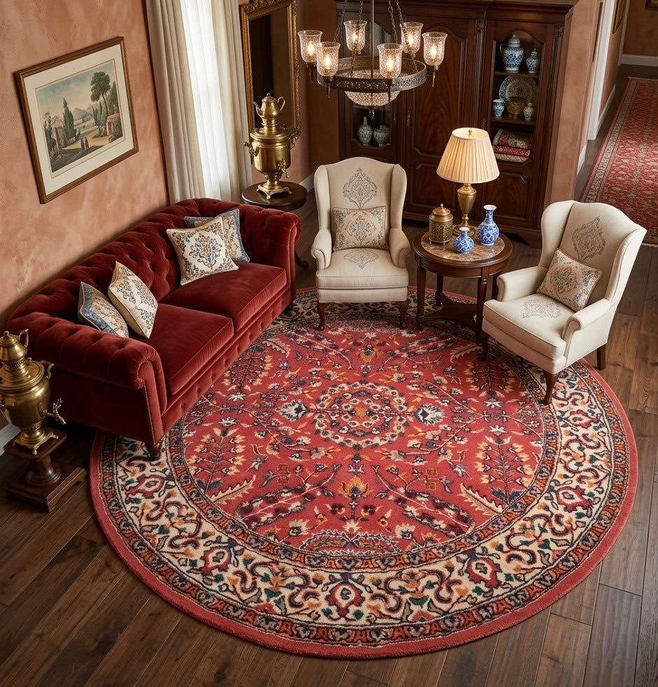 Red & Cream Floral Medallion Round Rug
